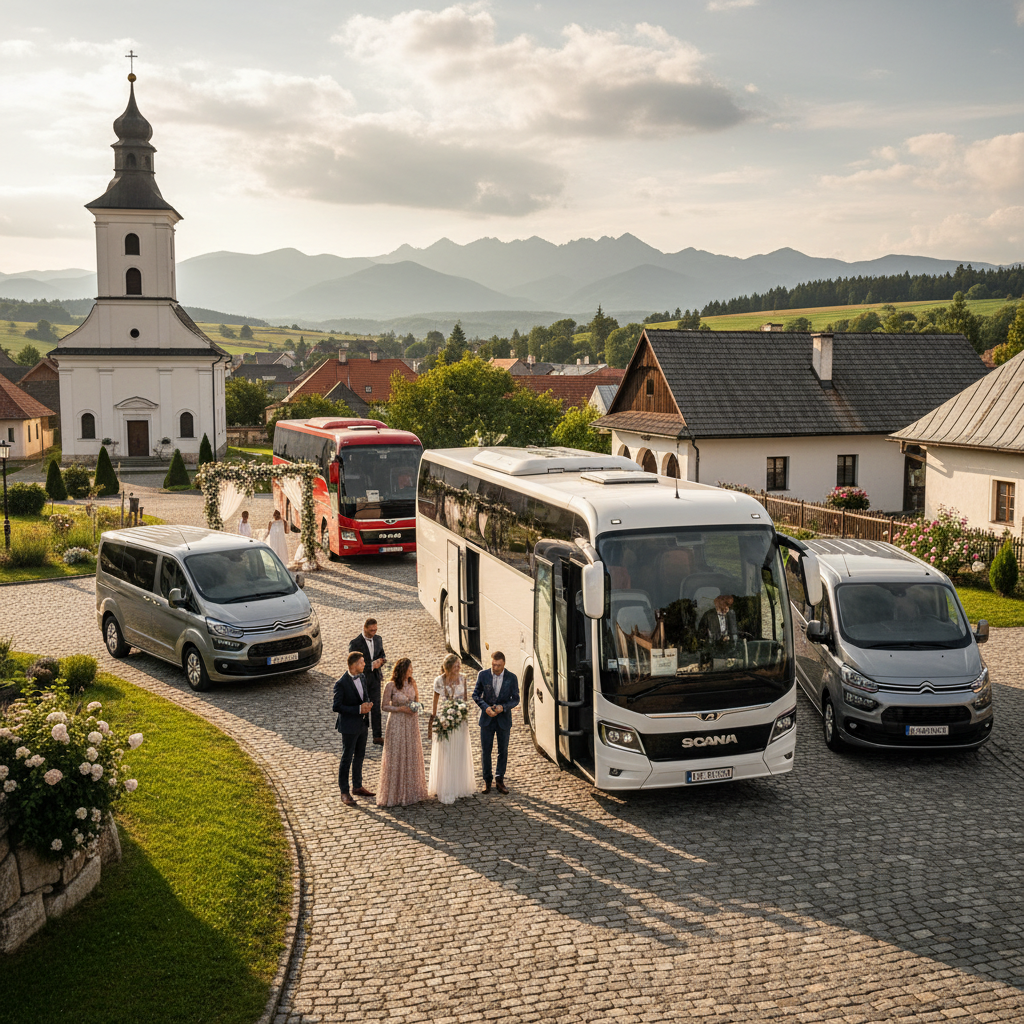 Svadobná skupina a vozidlá vrátane veľkých autobusov Scania a mikrobusov stoja na dláždené nádvorie pred kostolom v horskej dedine.
